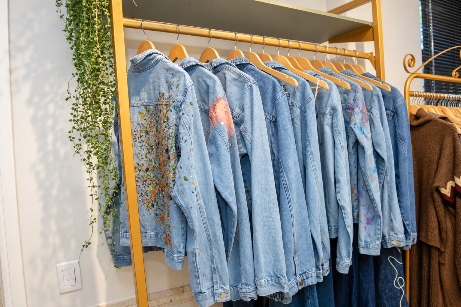 Arara do ateliê R U T H. com jaquetas jeans pintadas e bordadas à mão